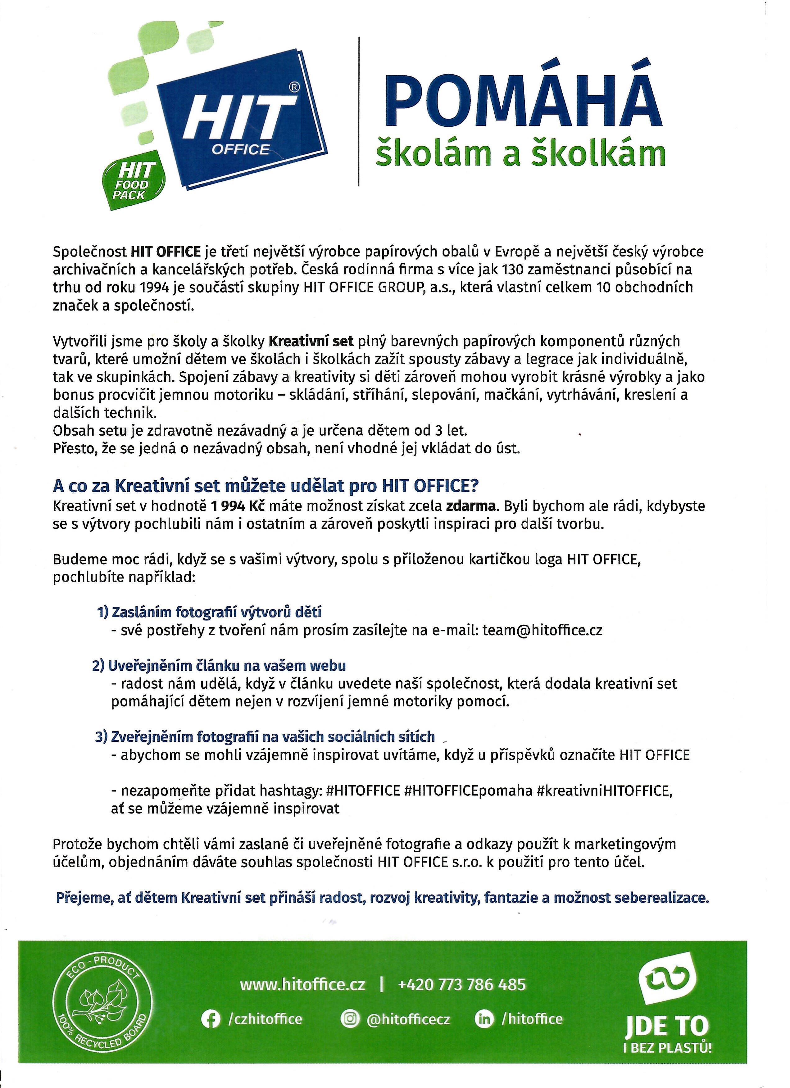 HIT Office pomáhá školám a školkám
