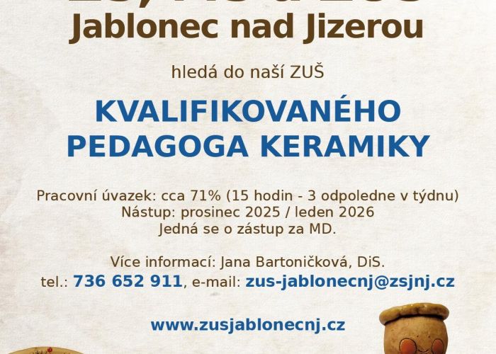 ZUŠ hledá kvalifikovaného pedagoga keramiky