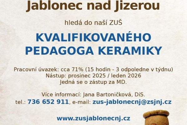 ZUŠ hledá kvalifikovaného pedagoga keramiky